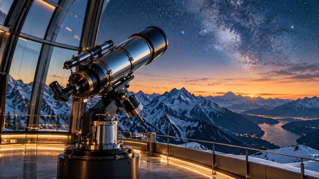 Telescope at a glass alpine observatory beneath a star-filled sky.