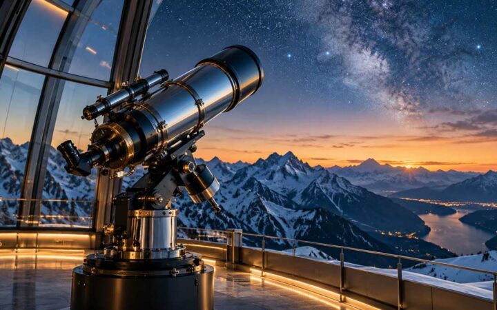 Telescope at a glass alpine observatory beneath a star-filled sky.