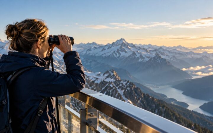 Researcher using binoculars to observe distant mountain peaks from an alpine viewing deck.
