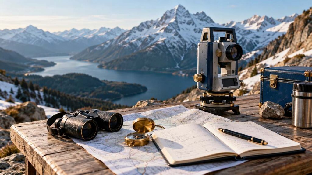 Surveying instruments, a compass and field notes on an alpine engineering workbench.