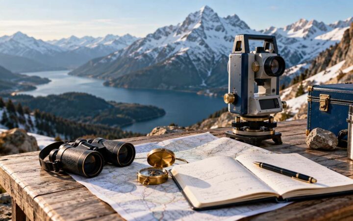 Surveying instruments, a compass and field notes on an alpine engineering workbench.