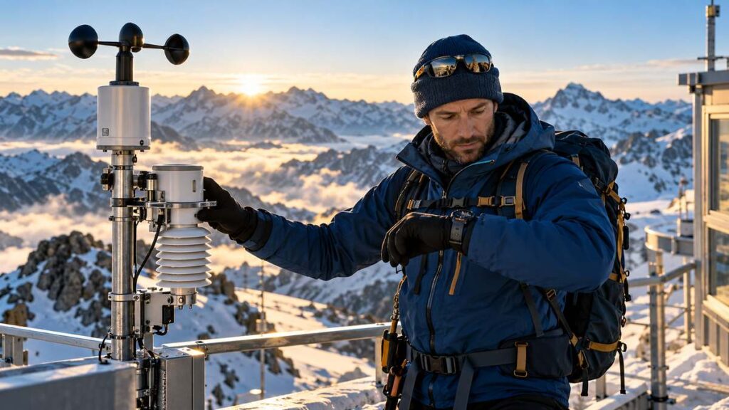 Mountain guide checking weather instruments and a wristwatch at an alpine observation station.