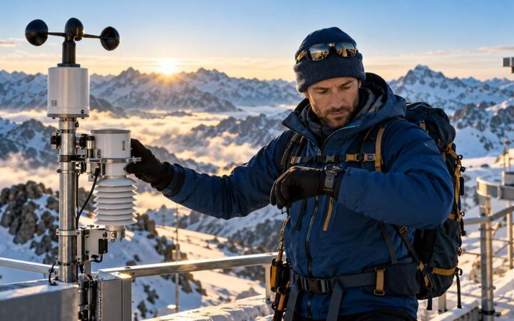 Mountain guide checking weather instruments and a wristwatch at an alpine observation station.