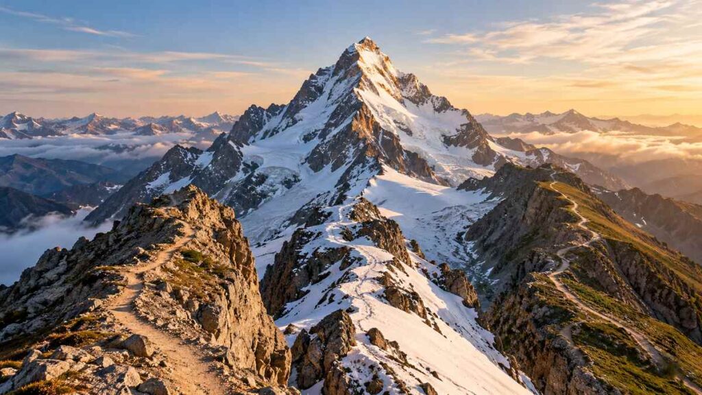 Three alpine ridgelines and routes converging toward the same mountain summit.