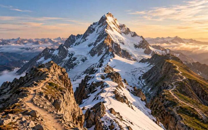 Three alpine ridgelines and routes converging toward the same mountain summit.