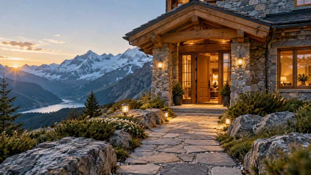 Stone path leading to the warmly lit entrance of an alpine mountain lodge.