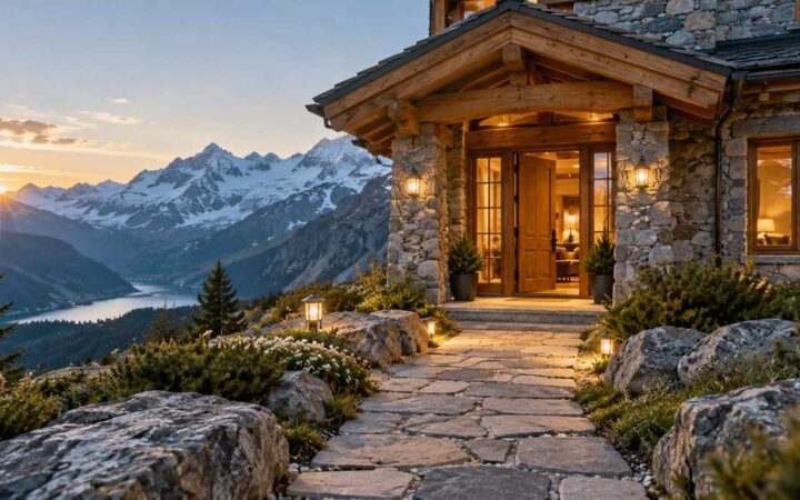Stone path leading to the warmly lit entrance of an alpine mountain lodge.