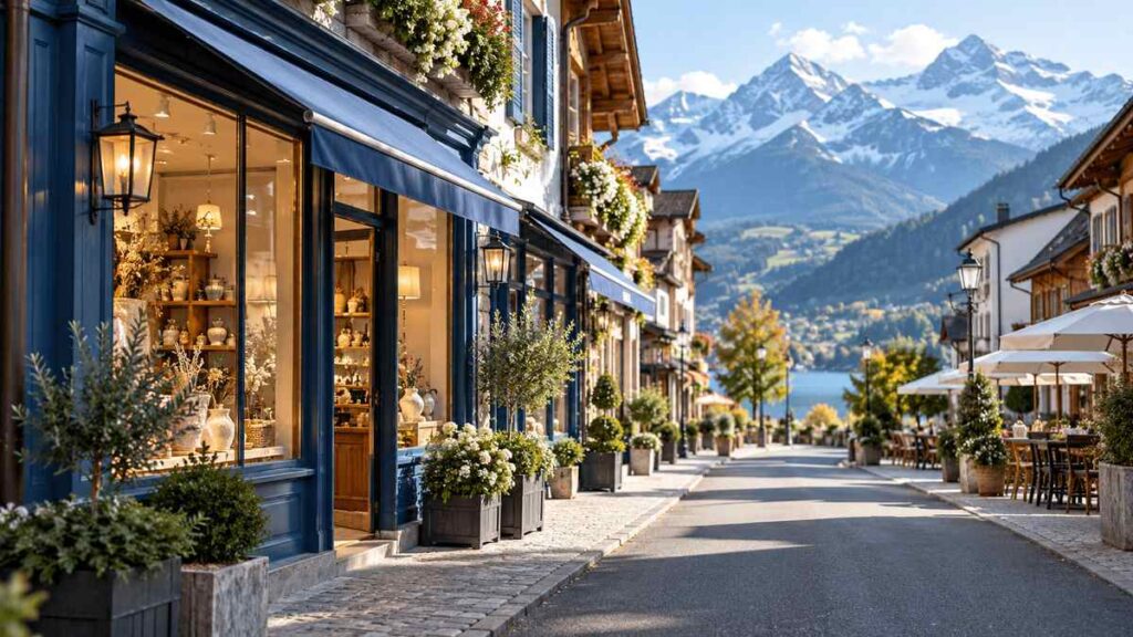 Independent shops along an alpine village street beneath snow-covered mountains.