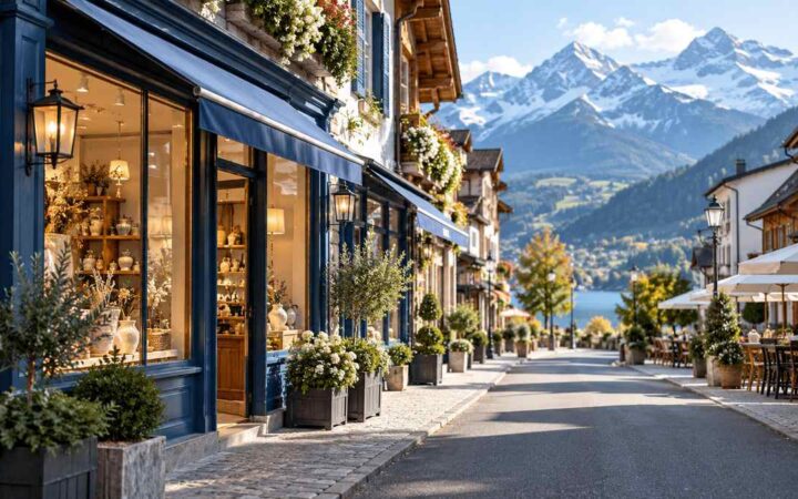 Independent shops along an alpine village street beneath snow-covered mountains.