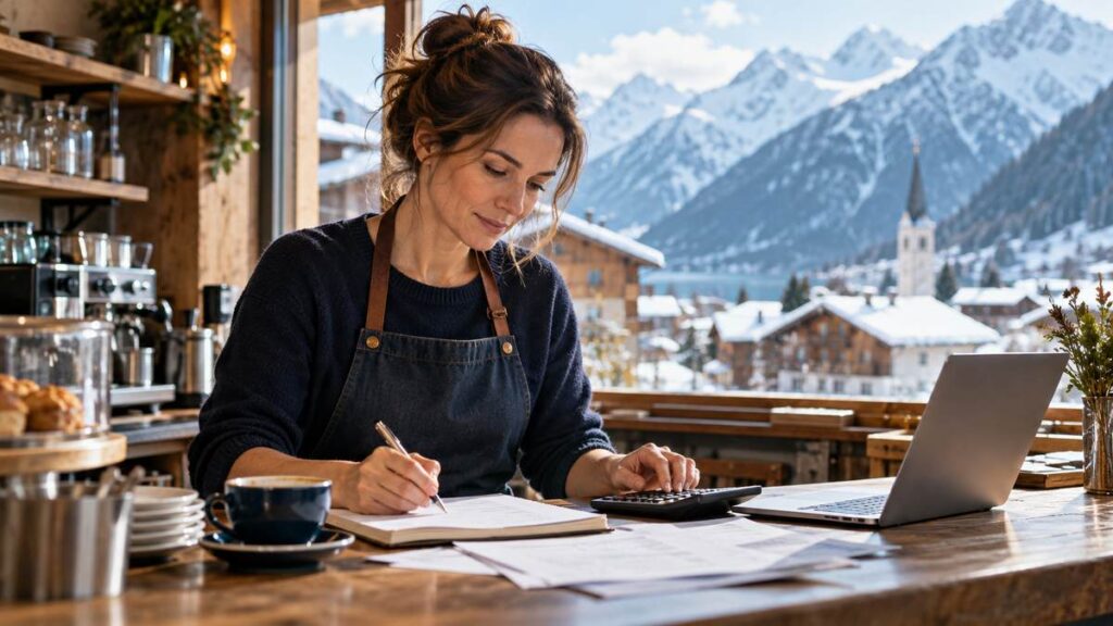 Alpine cafe owner reviewing costs with a calculator and notebook at the counter.