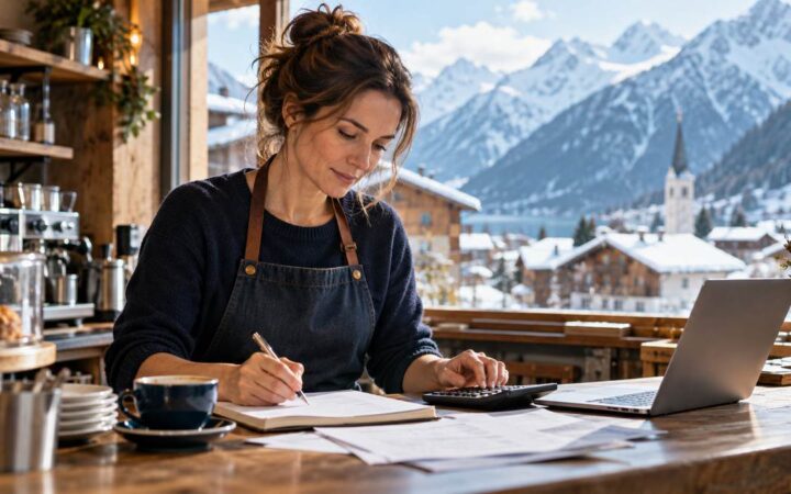 Alpine cafe owner reviewing costs with a calculator and notebook at the counter.