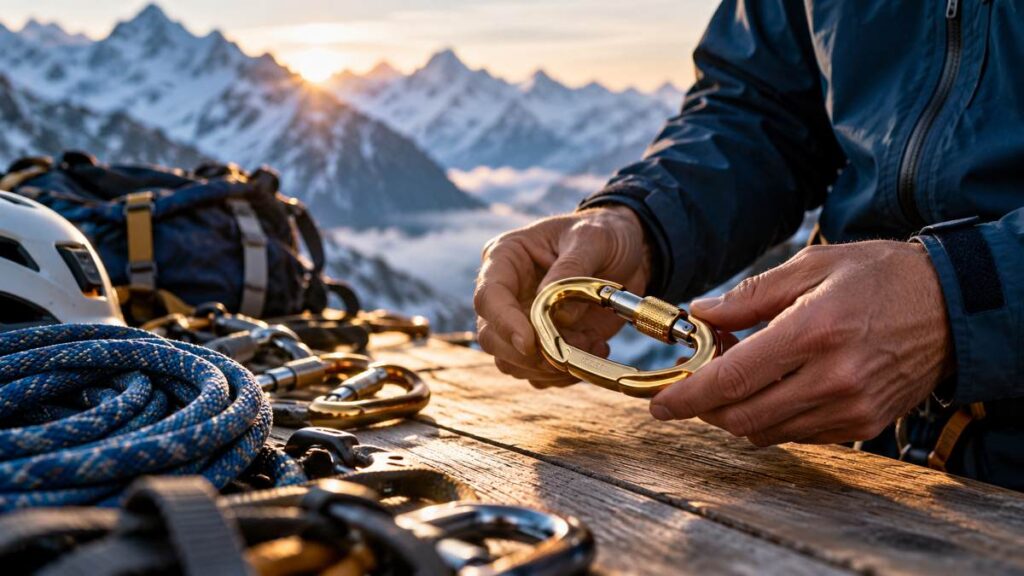 Mountaineer inspecting a gold carabiner among climbing equipment on a basecamp workbench.