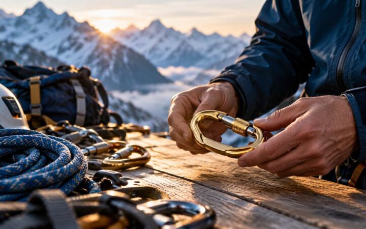 Mountaineer inspecting a gold carabiner among climbing equipment on a basecamp workbench.