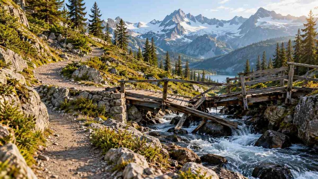 Damaged wooden footbridge beside an alternative alpine walking path.