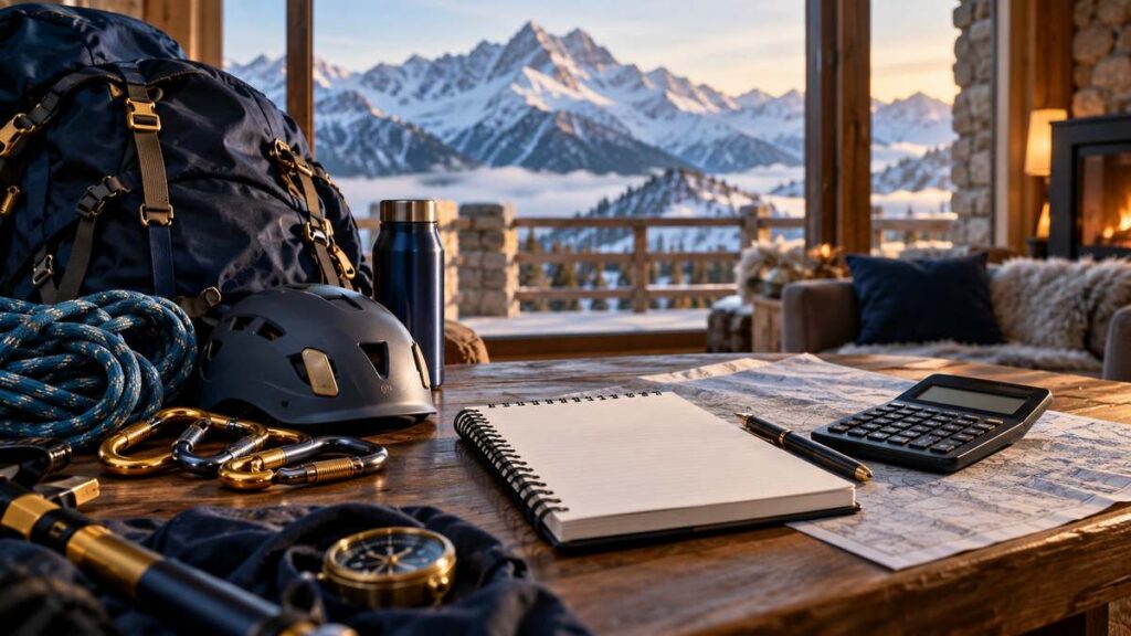 Climbing equipment, a notebook and a calculator arranged for expedition budgeting in an alpine lodge.