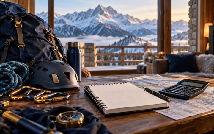 Climbing equipment, a notebook and a calculator arranged for expedition budgeting in an alpine lodge.