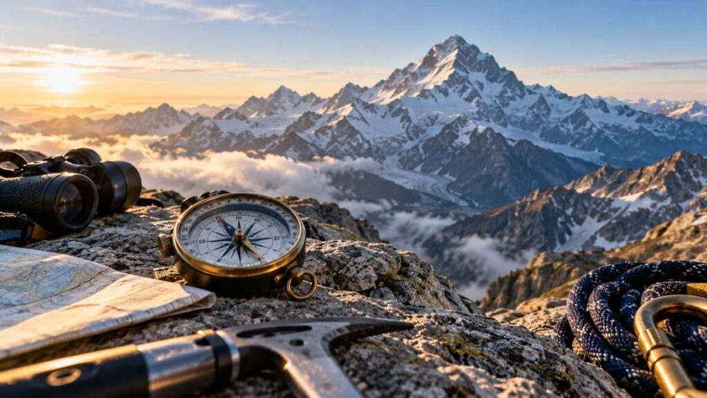 Compass and expedition instruments on a rocky ledge overlooking an alpine summit.