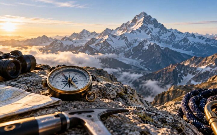Compass and expedition instruments on a rocky ledge overlooking an alpine summit.