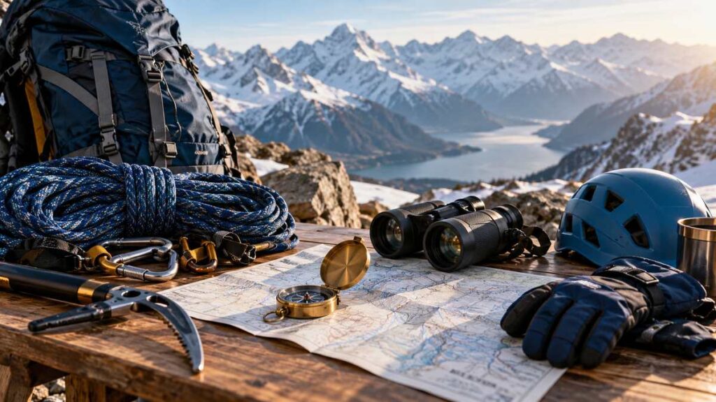 Climbing rope, compass, map and binoculars arranged on an alpine basecamp table.
