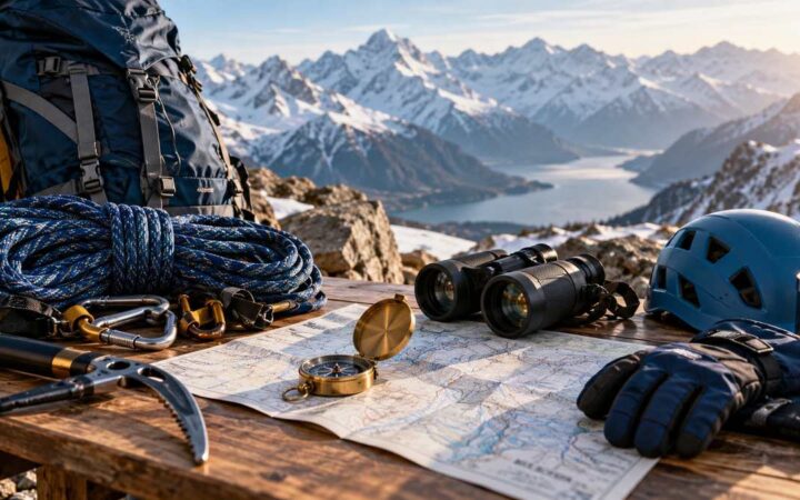 Climbing rope, compass, map and binoculars arranged on an alpine basecamp table.