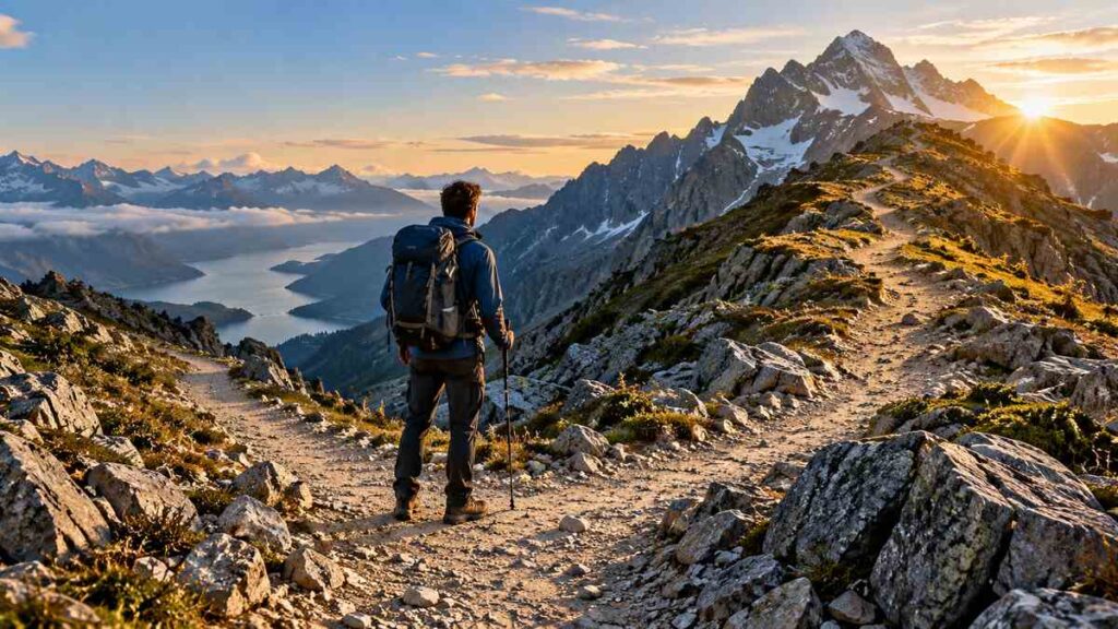 Hiker considering two alpine trails leading toward a sunlit mountain summit.
