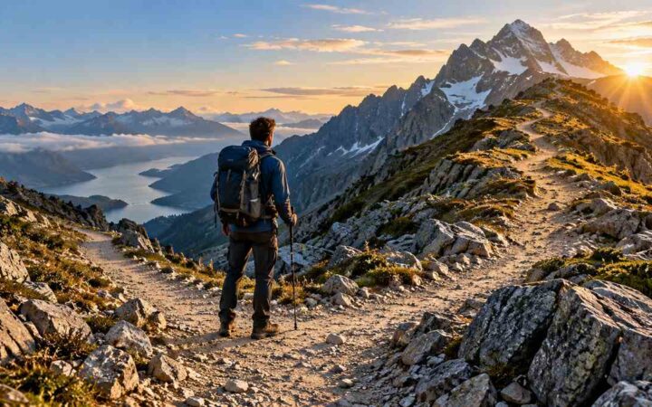 Hiker considering two alpine trails leading toward a sunlit mountain summit.