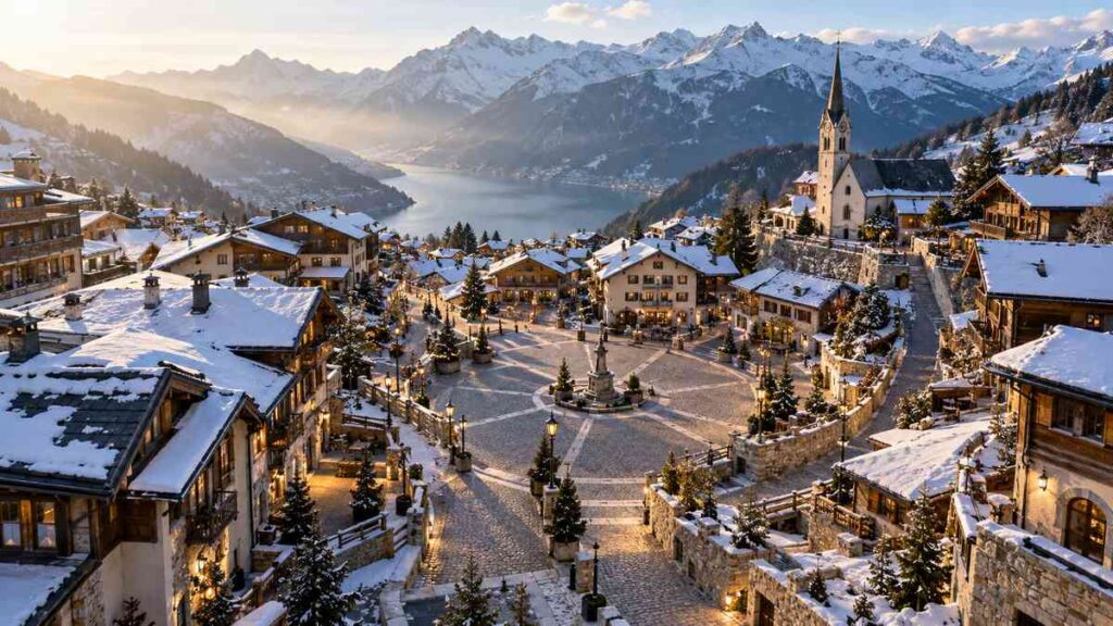 Connected streets and paths surrounding the central square of an alpine village.