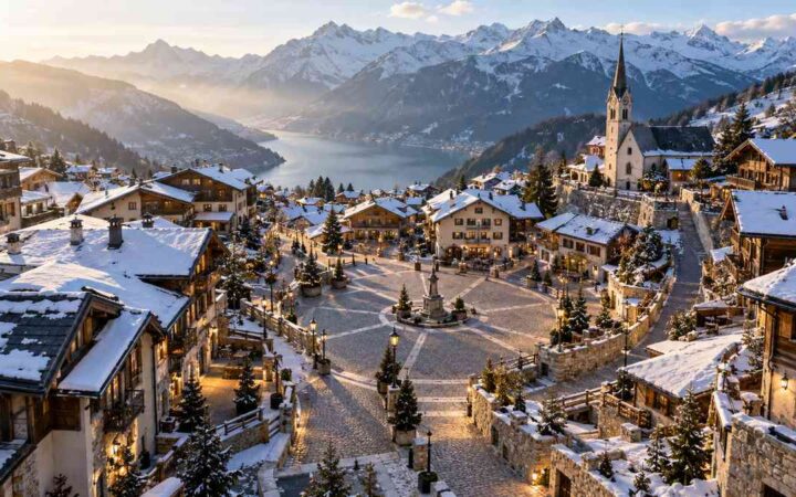 Connected streets and paths surrounding the central square of an alpine village.