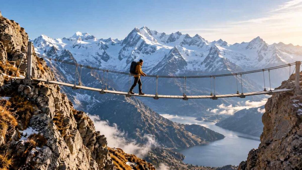 Hiker crossing a suspension footbridge between two alpine rock faces.