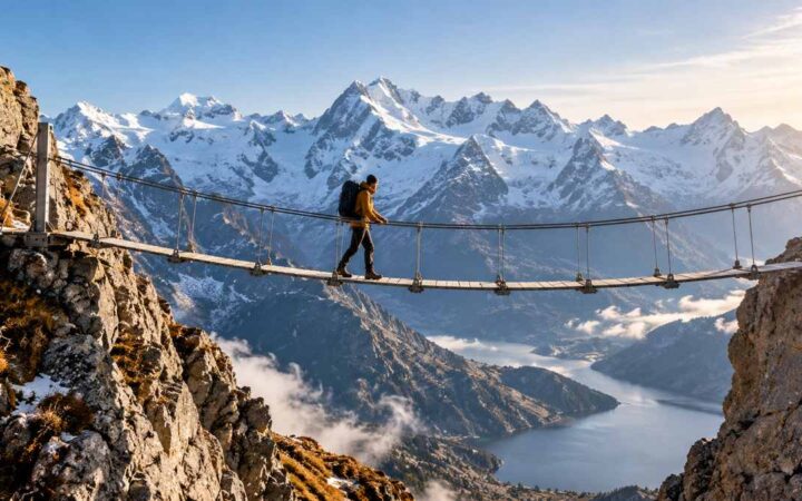 Hiker crossing a suspension footbridge between two alpine rock faces.