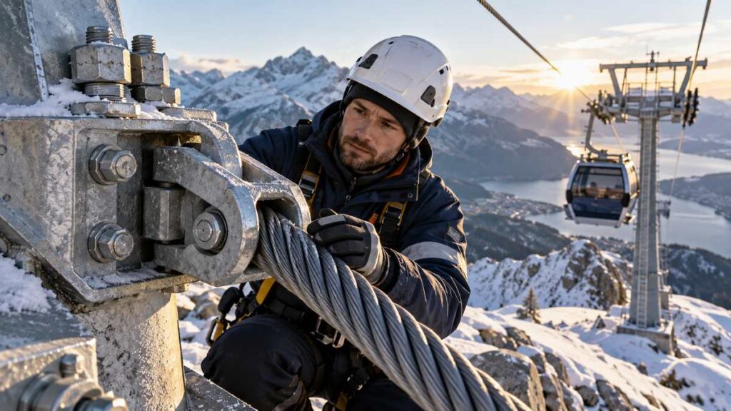 Engineer examining the steel cable anchor of alpine cable-car infrastructure.
