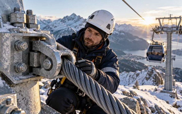 Engineer examining the steel cable anchor of alpine cable-car infrastructure.