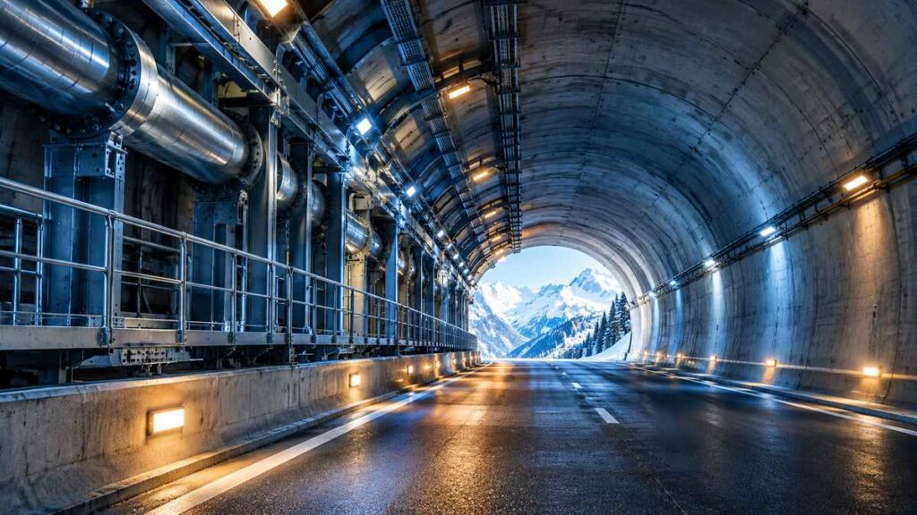 Engineered mountain tunnel with steel infrastructure and blue lighting.