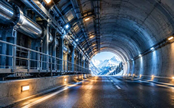 Engineered mountain tunnel with steel infrastructure and blue lighting.