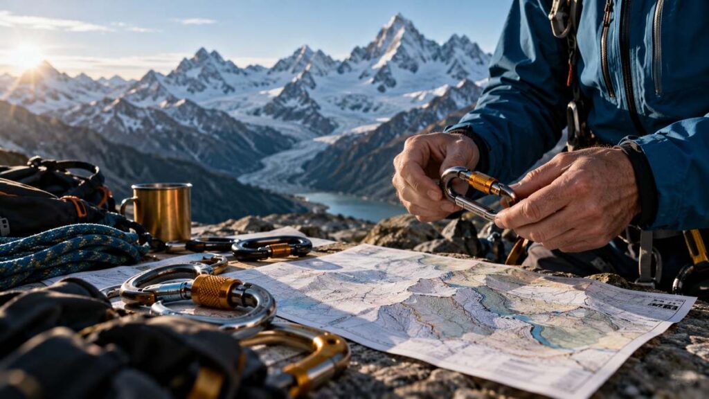 Mountaineer inspecting climbing carabiners beside a route map at an alpine basecamp.