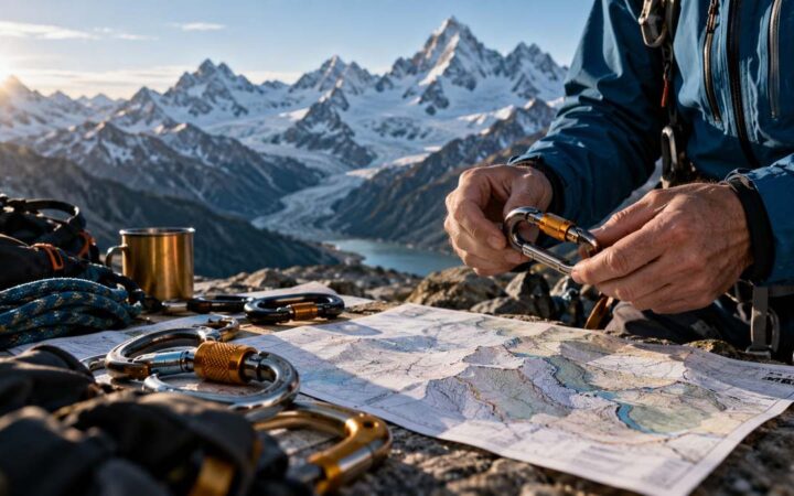 Mountaineer inspecting climbing carabiners beside a route map at an alpine basecamp.